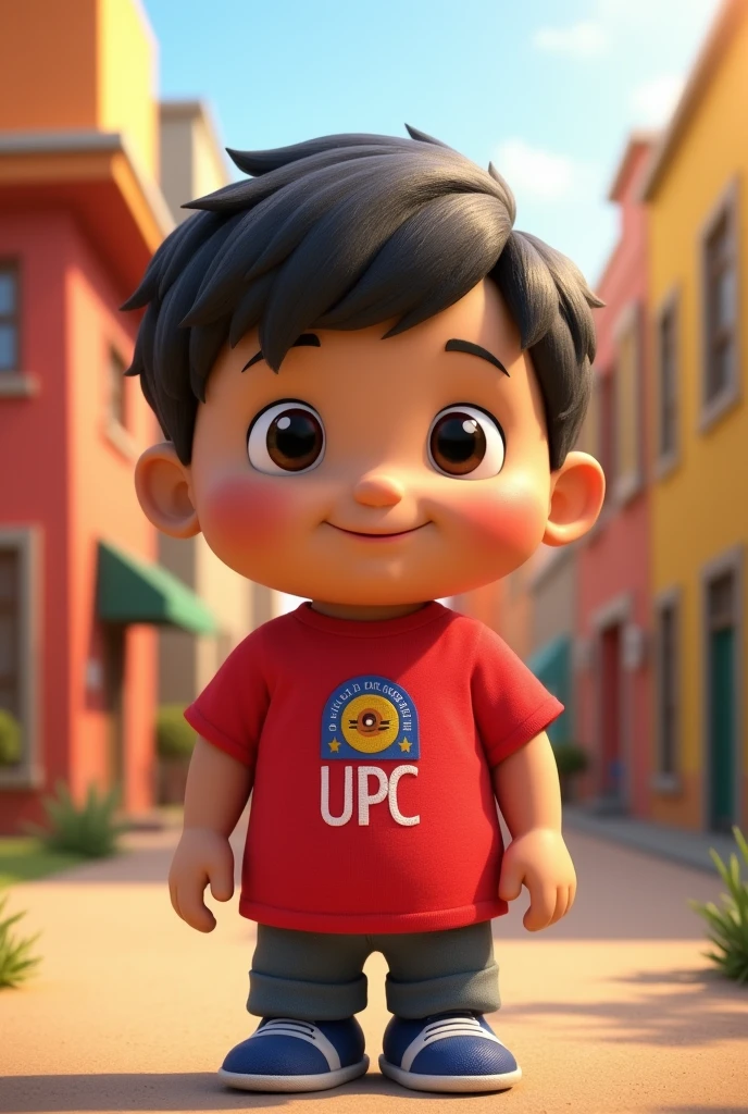 Pocoyo with a t-shirt with the logo of the Peruvian University UPC in red letters