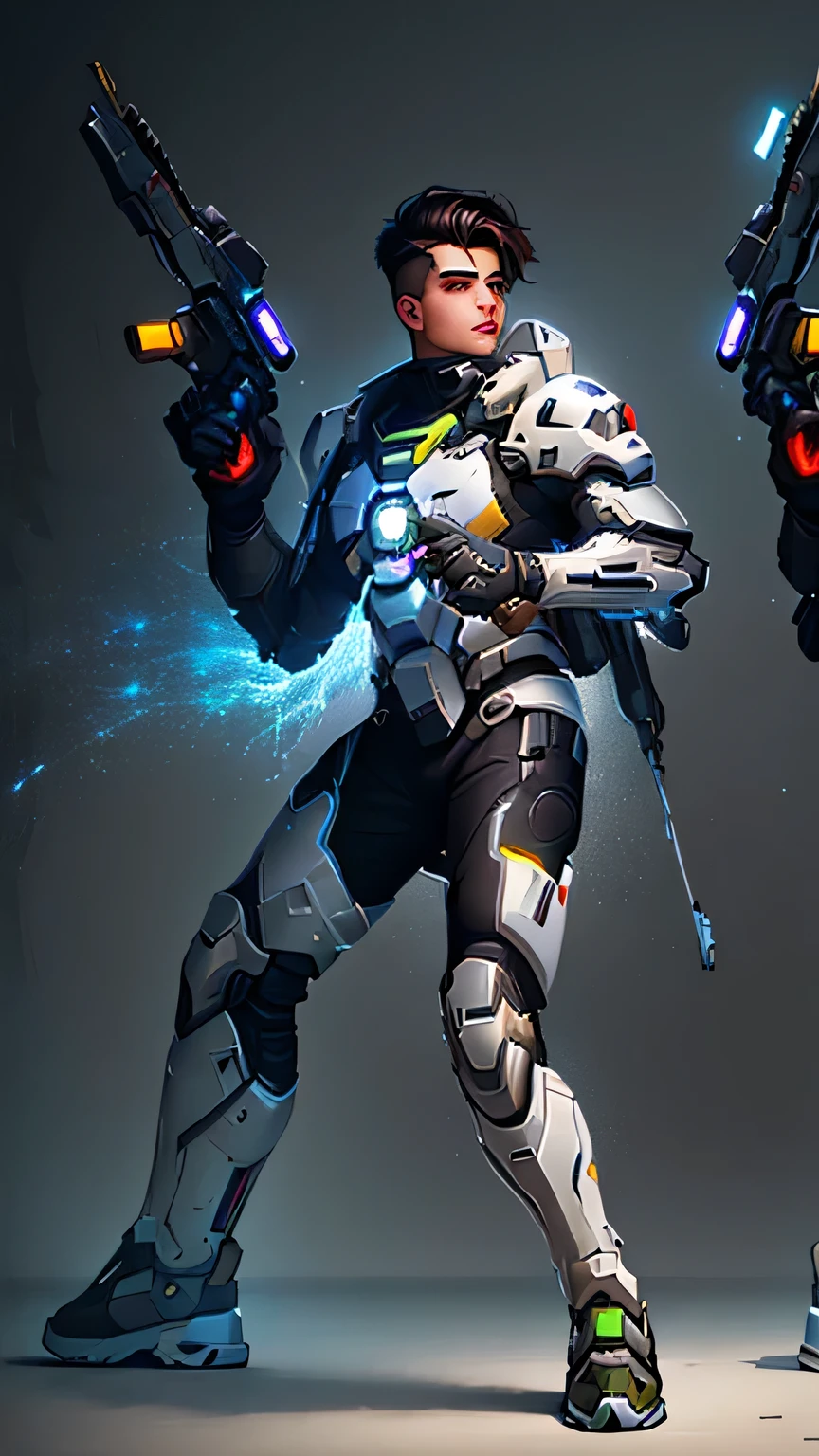 Overwatch sci-fi character art, Wearing sci-fi military armor, Sci-fi characters Sci-fi soldiers, Sci-fi suit,Dressed in futuristic white armor,Cyberpunk boy,Bird's-eye view,Short and clean hair,Caucasian,Cheerful,Looking back at the battlefield in the distance,Wearing a mecha suit,handsome guy,High-definition quality,High-quality posters,8k,
