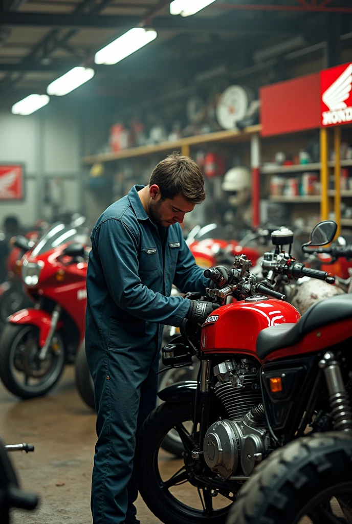 Picture of a person repairing a motorbike at a Honda repair shop