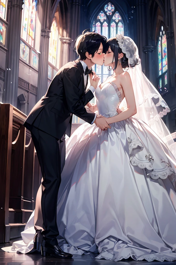 (masterpiece), 4K,{{{2 women}}}, Wedding dress,tuxedo,Lesbian，shoes，headgear, wedding,church,牧師の前で誓いのkiss,kiss,Angle from a distance