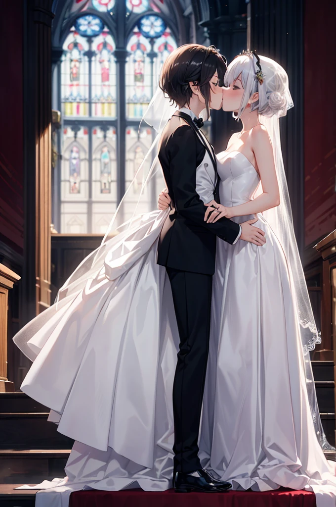 (masterpiece), 4K,{{{2 women}}}, Wedding dress,tuxedo,Lesbian,shoes,headgear, wedding,church,牧師の前で誓いのkiss,kiss,Angle from a distance