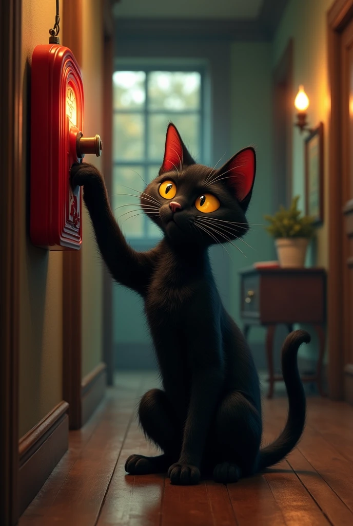 A black cat pulling the fire alarm 