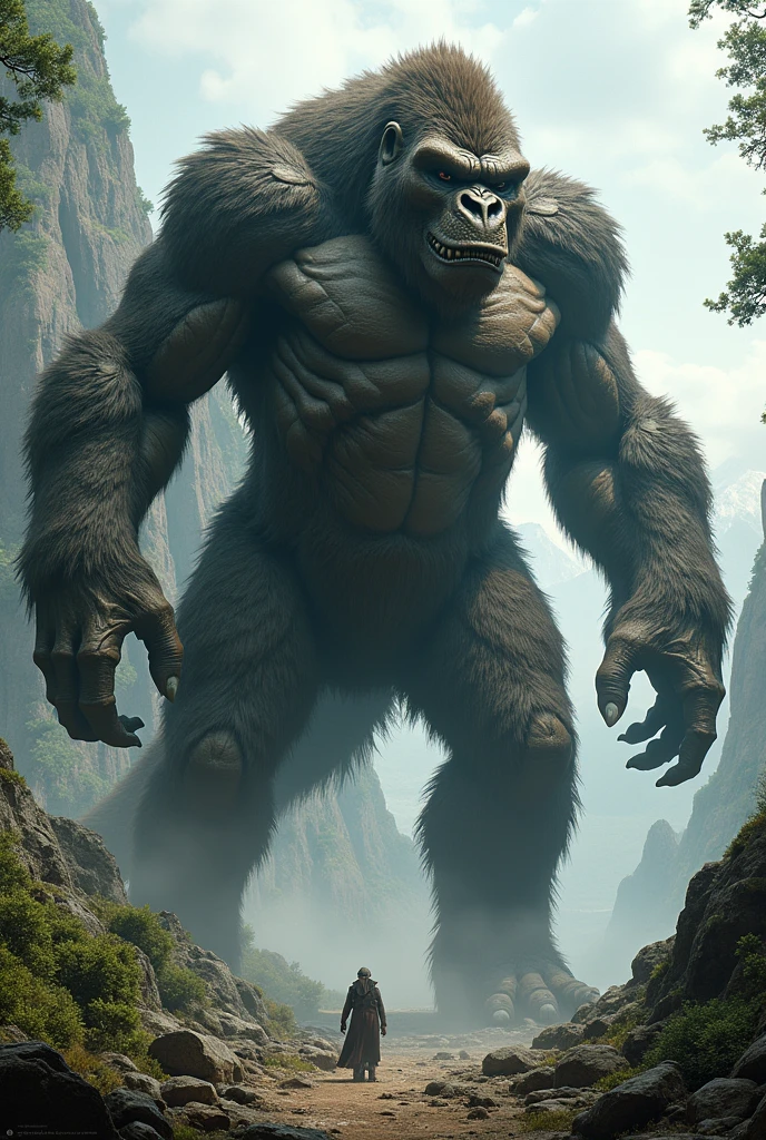 Craft a monstrous kong-diansour hybrid, bursting with muscle, realistic in its natural blend of fur and scales, set against an awe-inspiring, wild backdrop."