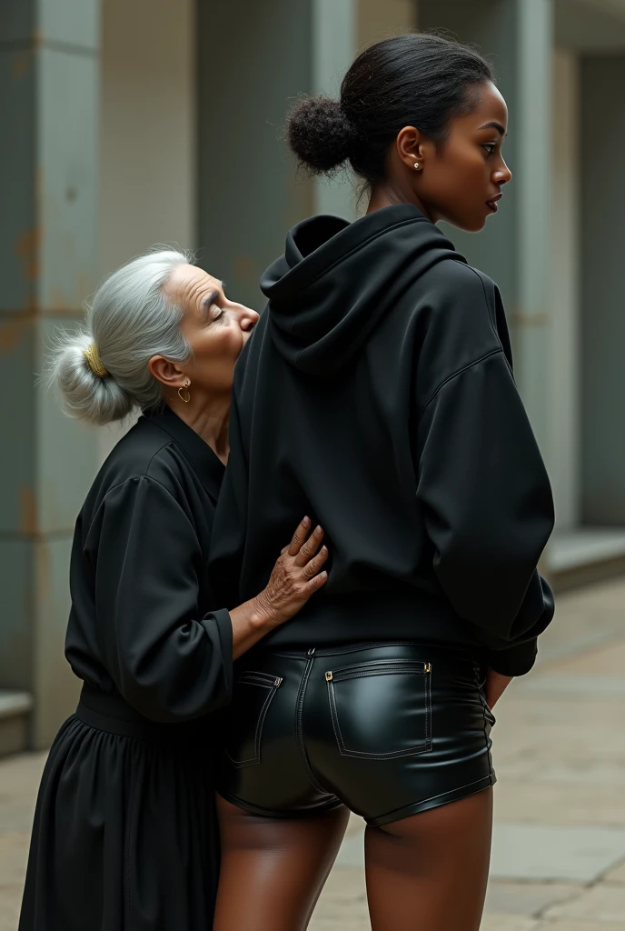 black woman hair in a bun black hoodie black leather short shorts a old grandma in a dress on her knees kissing her ass behind her