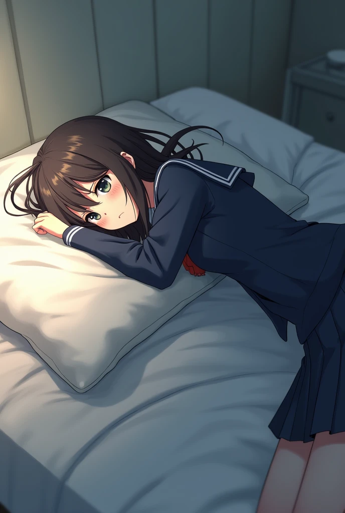anime schoolgirl body on the bed face down