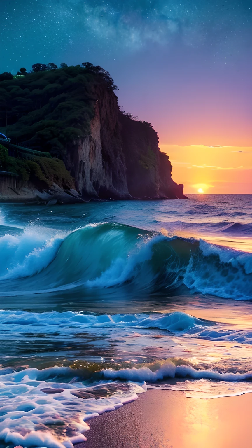 (masterpiece, best quality:1.4), Movie Lighting, rich and colorful, High contrast, neon, Sky, Sunlight, space, beach, Waves, nobody, Wide-ranging landscape photography, (a view from below that shows the Sky above and the sea below use a lot of purple and orange, detail, Warm colors and vibrant Japanese anime style