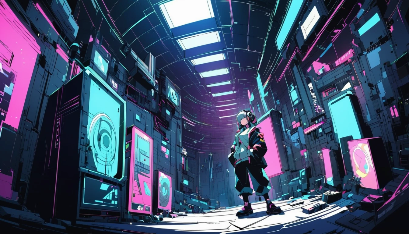 Ultra Wide Angle, Listening to jazz music with headphones、alone、Lofty Girl,Cyberpunk Style,anime, Lo-fi art style、Lofty Girl aesthetic, ghailan、animeの美学、relaxed mood,Lo-fi illustration style,Music Jacket,construction area