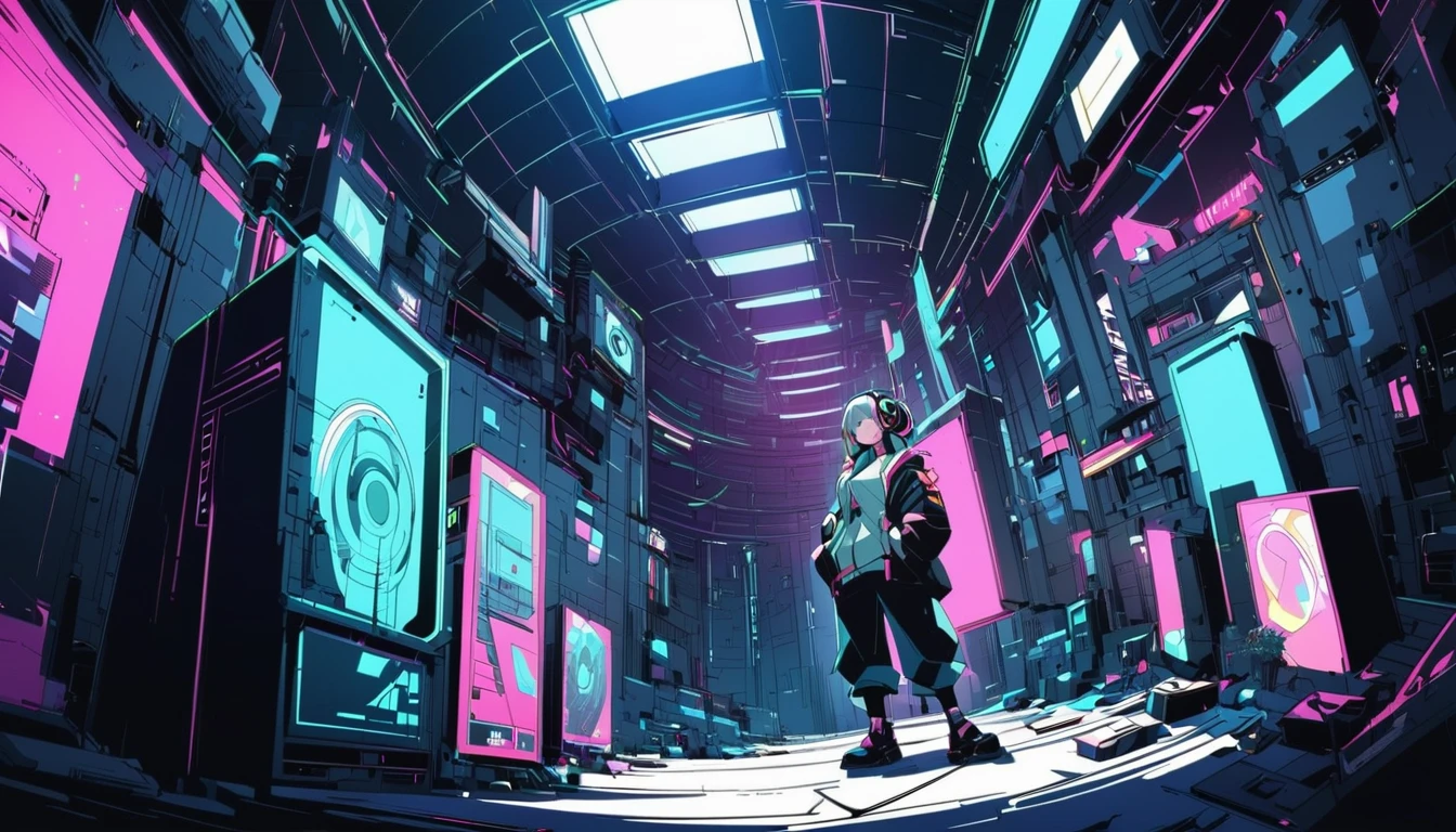 Ultra Wide Angle， Listening to jazz music with headphones、alone、Lofty Girl，Cyberpunk Style，anime， Lo-fi art style、Lofty Girl aesthetic, ghailan、animeの美学、relaxed mood，Lo-fi illustration style，Music Jacket，construction area