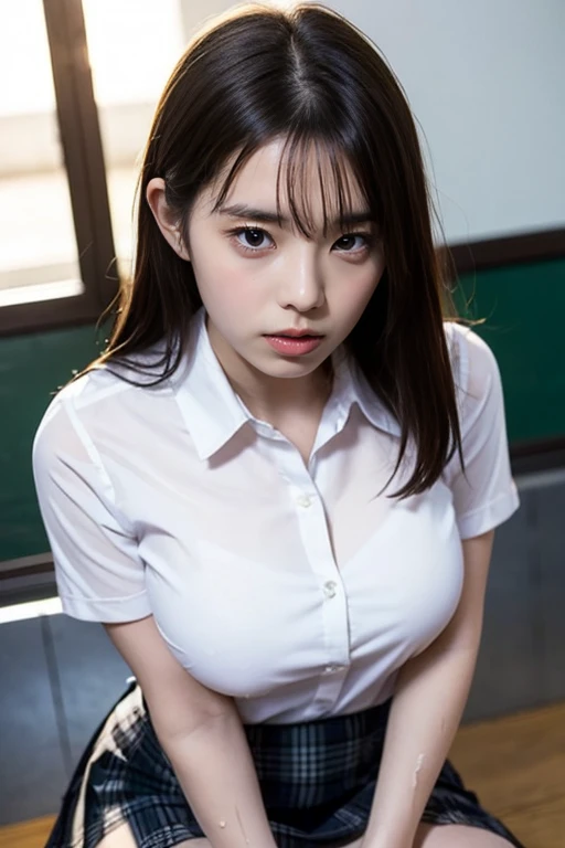 masterpiece, best quality, illustration, Super detailed, fine details, High resolution, 8k,wall paper, perfect dynamic composition,(Details High quality, realistic depiction of eyes:1.3), (school)、(white school shirt :1.2), (plaid skirt :1.3), large breasts, expresses the roundness and softness of your chest, Don't expose it、Disturbed uniform, black hair color, Big Natural Color Lip, perfect body shape, crying a little、Harajuku style、20 year old girl、cute type, beautiful legs, gravure idol, (A big bust that seems to burst:1.20),(Beautiful Big 1:1),,(((Sweating))),Show me your chest,Flushed Cheeks