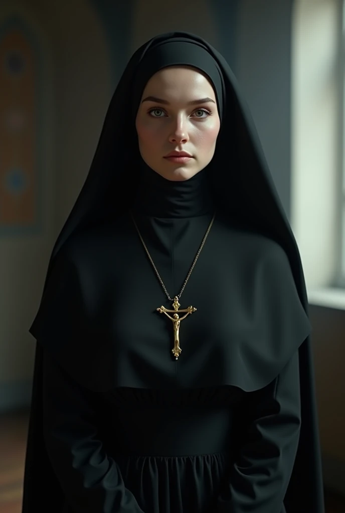 (photorealism:1.2), Beautiful young nude nun with black habit cross on the chest