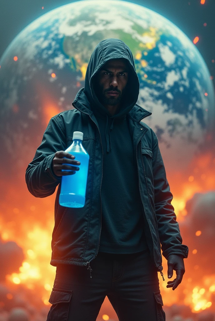 Hacker holding blue laundry detergent while the Earth is exploding.