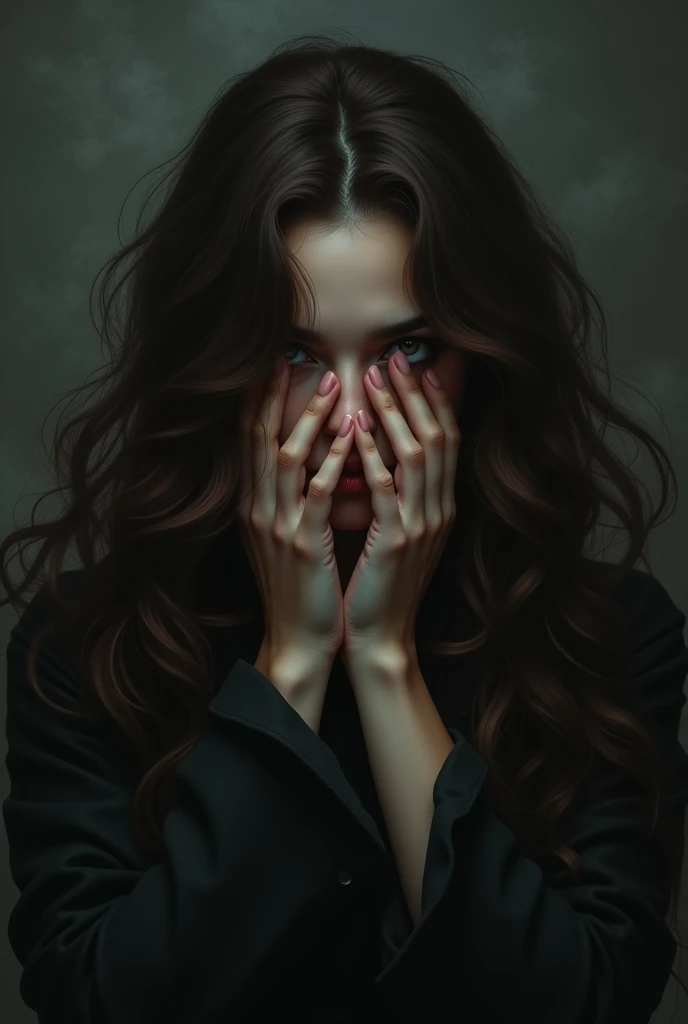 woman with dark brown wavy hair, covering her face dramatically with her hands dark atmosphere