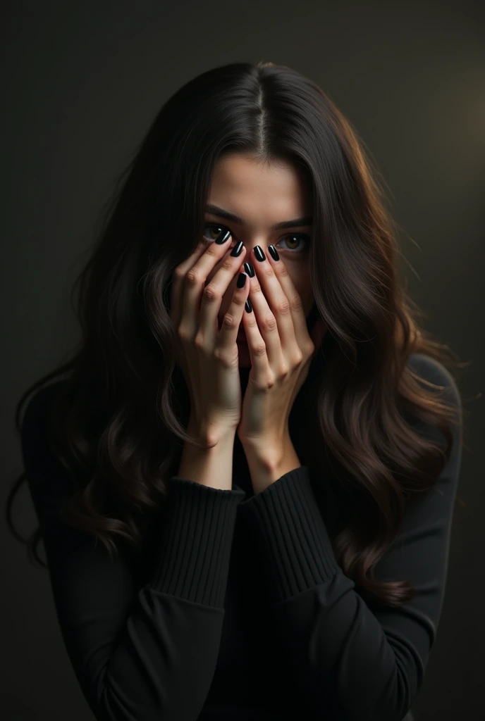 woman with dark brown wavy hair, covering her face dramatically with her hands dark atmosphere