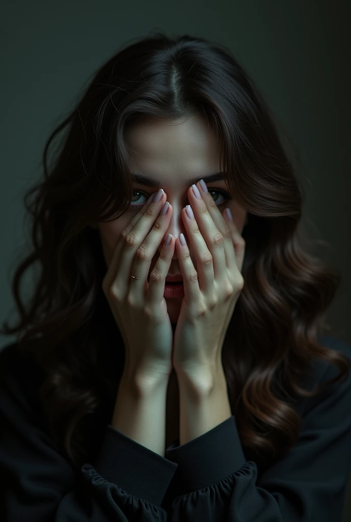 woman with dark brown wavy hair, covering her face dramatically with her hands dark atmosphere 