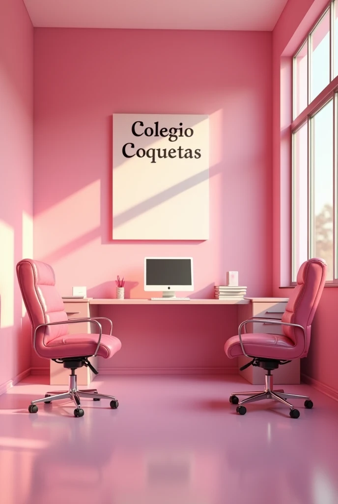 (photorealism:1.2) Empty pink school principal office. The main desk has a desktop computer. There's a files furniture on the right side of the deck, There are two smaller pink leather chairs facing the main desk. There's a big sign that reads "Colegio Coquetas" on the wall behind the school principal's main desk.