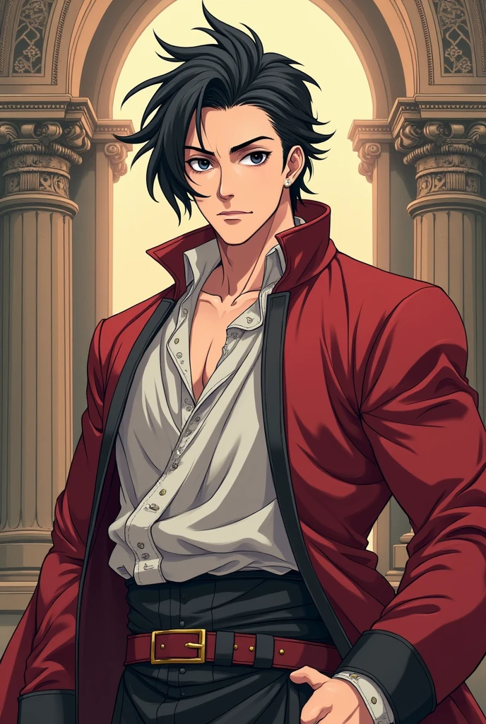 ชายAnimeผิวขาวอายุ 25 ปี, Black hair with a side part and a small volume, Forward at eye level, Dressed in the costume of an ancient English nobleman, Ancient story machine, Handsome face., An indifferent expression with black eyes., Have a strong and well-defined body., An unattractive full-body front view, Line drawing, Anime, Oh, really?, Beautiful face, 2d