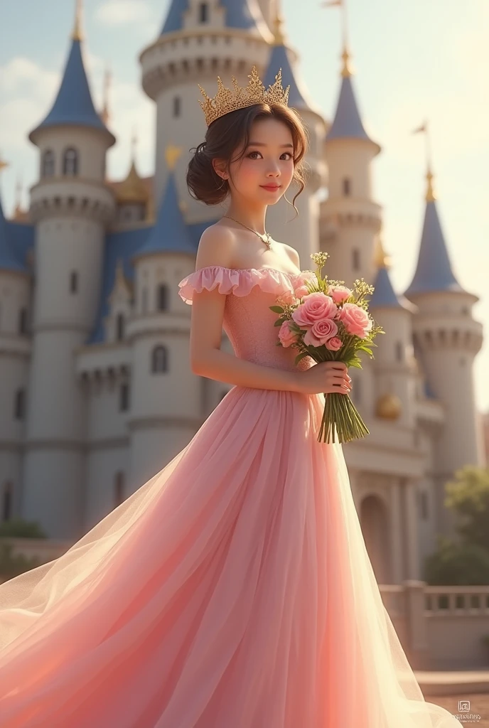 Beautiful and white young bule women wearing light pink royal dresses, wearing a golden crown, body and head position facing forward with a thin smile, bring beautiful flowers, castle background