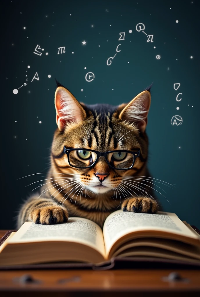 A brown cat is reading a book seriously,Wear glasses,宝箱にはHealingの公式が現れる,background,Night Sky、star々,backgroundに宝箱があります,((Astronomical formulas appear:2))、Healing、healing