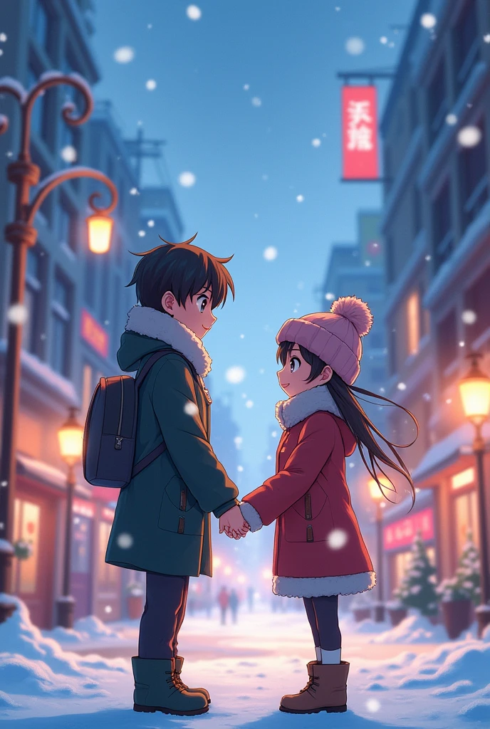 Picture of a boy and a girl holding hands, anime,  boy, different eye color, winter clothes, city background

