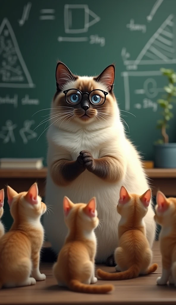 a siamese fat cat standing in front of a chalkboard, teaching a group of kittens, pointing at a diagram, wearing glasses, photorealistic, highly detailed, 8k, professional illustration, cinematic lighting, vivid colors, whimsical, adorable, cute, dynamic pose, educational, intelligent expression, feline anatomy, soft fur, precise details, masterpiece