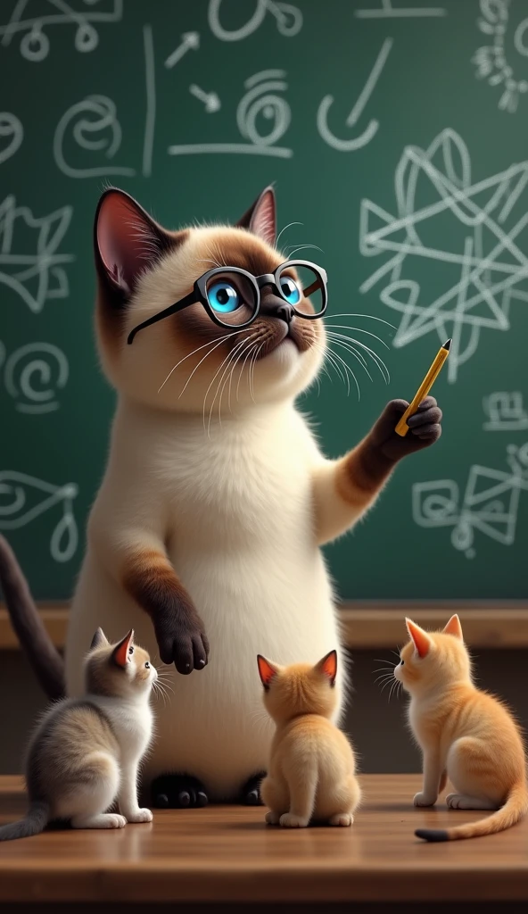 a siamese fat cat standing in front of a chalkboard, teaching a group of kittens, pointing at a diagram, wearing glasses, photorealistic, highly detailed, 8k, professional illustration, cinematic lighting, vivid colors, whimsical, adorable, cute, dynamic pose, educational, intelligent expression, feline anatomy, soft fur, precise details, masterpiece