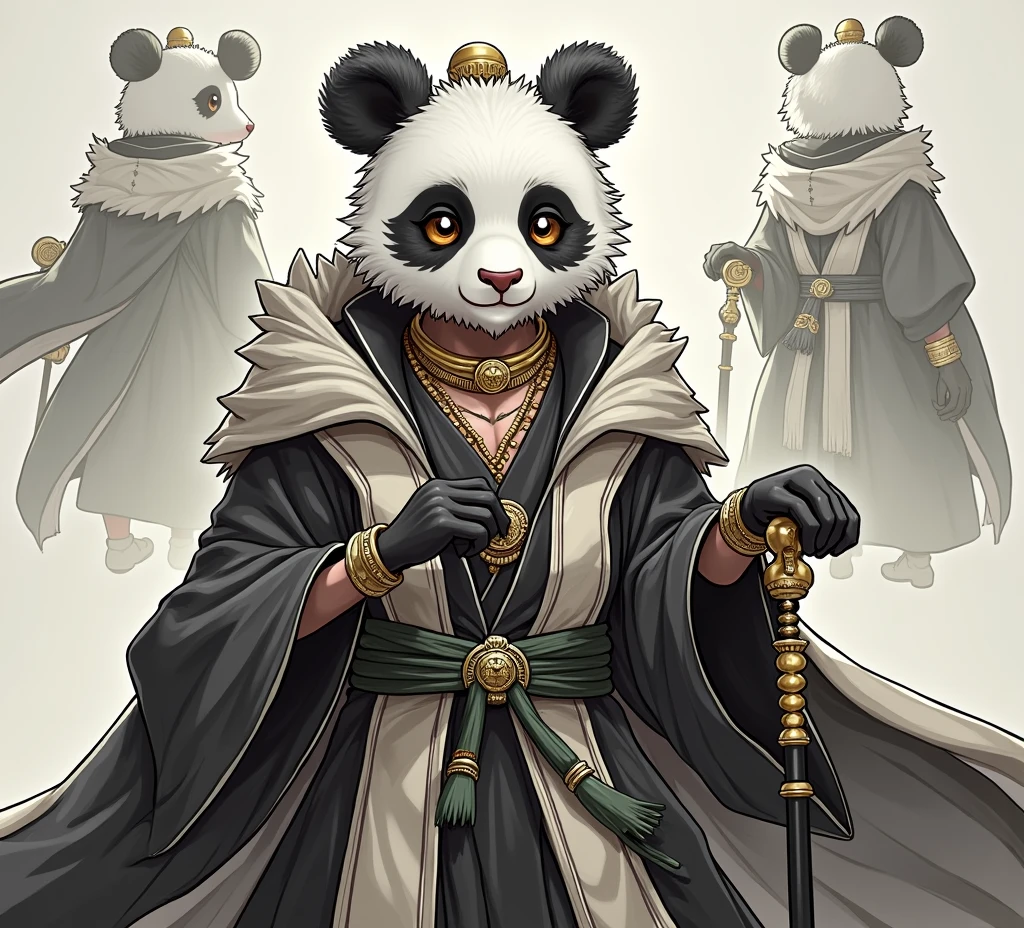 (masterpiece, top quality, best quality, official art,beautiful and aesthetic:1.2),(4k,8k, best quality,masterpiece:1.2),(((white background))), solo,Game character, the panda person, a game character inspired by pandas, wearing a black and white robe, adorned with a jade bead necklace and bracelet, viewed from multiple angles including back view and side view, holding a cane. The structure is clear and accurate, with a modern realistic representation and consistent lighting that looks natural and believable.