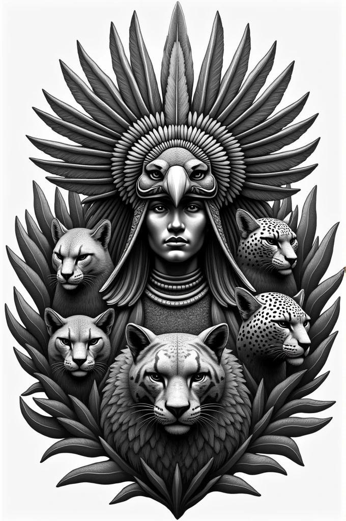 Create a beginner engraving style drawing in black with a man with a pre-Hispanic headdress with the head of an eagle around him., An owl , a panther and a jaguar. Let it look like an emblem with a maguey