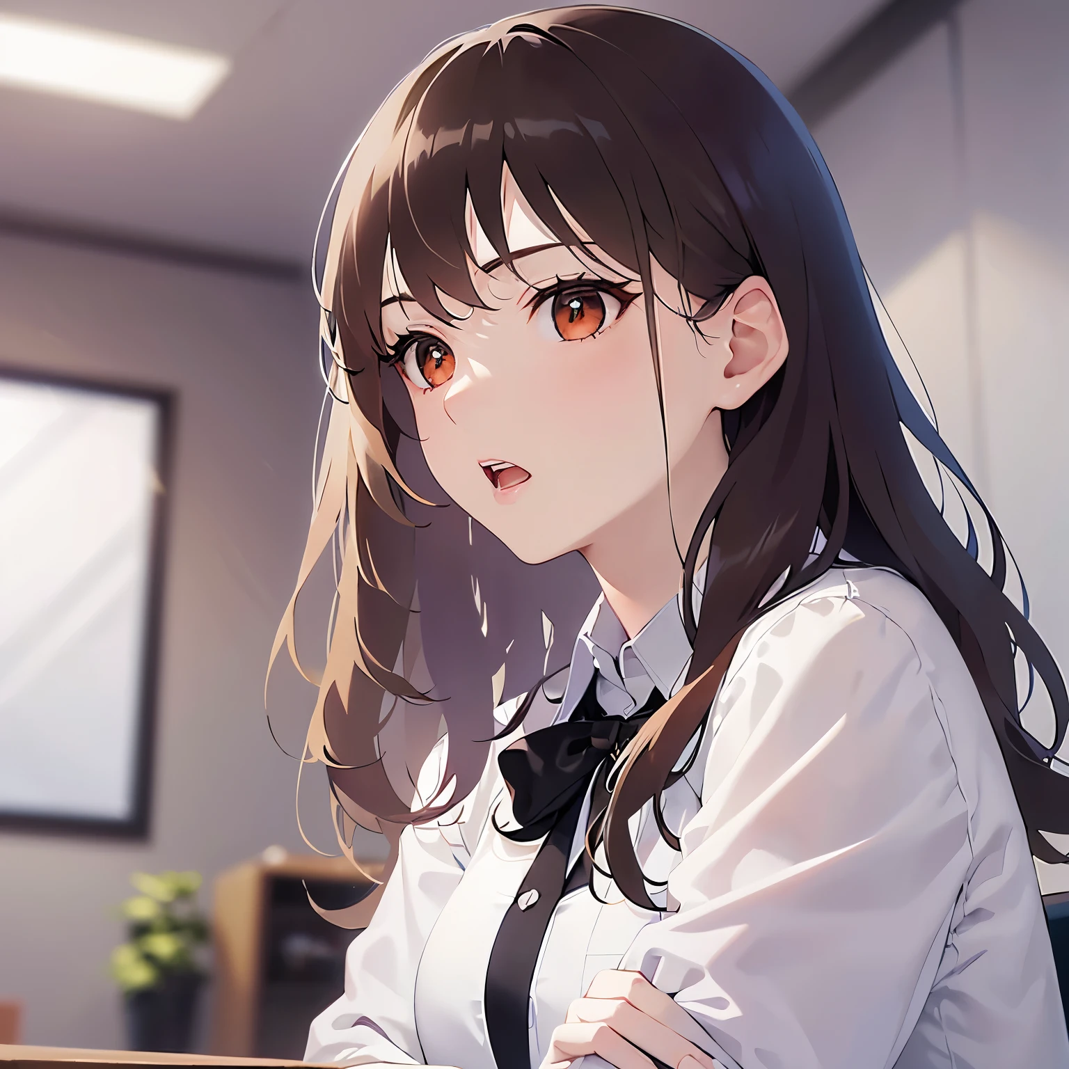 (looking away:1.5)Upper Body,Side shot、Arms crossed、
Realistic, real person, (pale skin: 1.2), RAW photo, photorealistic, shiny skin, shiny hair、(A 25-year-old woman with medium-length hair and bangs) and (wavy hair) and (brown hair) and (orange eyes) ,
(white collared shirt:1.5),
Serious、open mouth,The background is the conference room、(alone:1.5)