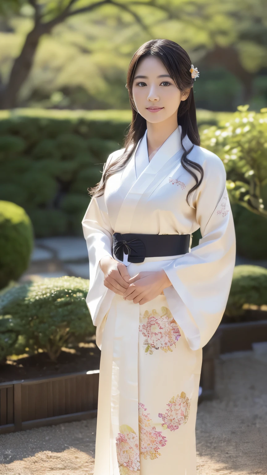 1579 years,Front view , ((whole body,Standing in the garden), The Azuchi-Momoyama Period of Japan, View your viewers, Beautiful Japanese Woman,Her name is Hosokawa Graci, Front view , ((Full-body, standing on garden), a Japanese ancient girl, looking at viewer, girl is 20 years old, (Highly detailed face, Black  long hair ,Brown eye, Variegated eyes, Fuller lips, little Lips, serious, hair decoration), (middle breasts, middle hip), (Japanese beautiful white silk kimono, below flower pattern), standing in Japanese Osaka castle, night, sunset , ((Surrealism, Verism, UHD, retina, masterpiece, anatomically correct, accurate, textured skin, super detail, high details, high quality, best quality, highres, 8k))
