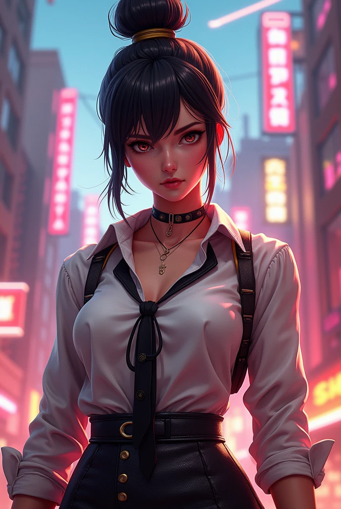 Free Fire game style female character, with black and gold hair tied on top of her head with loose parts, wearing a rocker style blouse with a tie and a black skirt