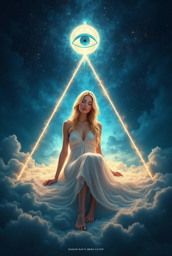 label for beer "MONJE OF SKY":
central character: A beautiful blonde woman in an elegant dress, sitting and barefoot.
Symbolic Element: The woman is located inside an equilateral triangle, that stands out in the design.
bottom: A starry night sky, using light and soft colors.
Mystical element: in the sky, There is a second smaller equilateral triangle with an eye in the center (in the style "All-seeing eye").