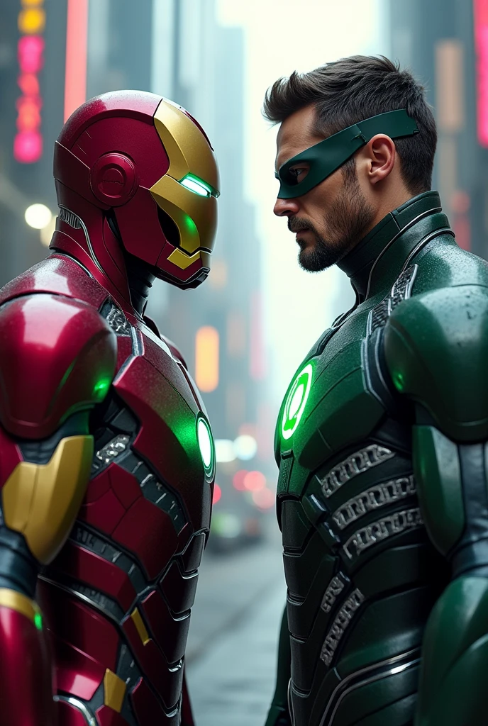 Iron Man suit without helmet and green lantern with black armor and silver stripes