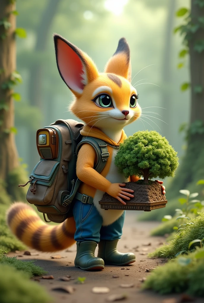Create an image of a ringtail with a backpack, wearing blue pants inside the backpack, a computer with rubber boots and a tree in his hand.