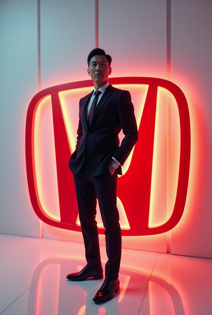 Image of a person standing next to the Honda logo