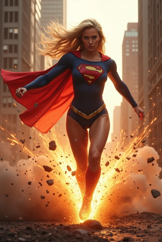A SEXY BLONDE SUPERGIRL FREE FALLING, CRASHING INTO THE GROUND WITH TREMENDOUS FORCE, CREATING AS MASSIVE CRATOR.