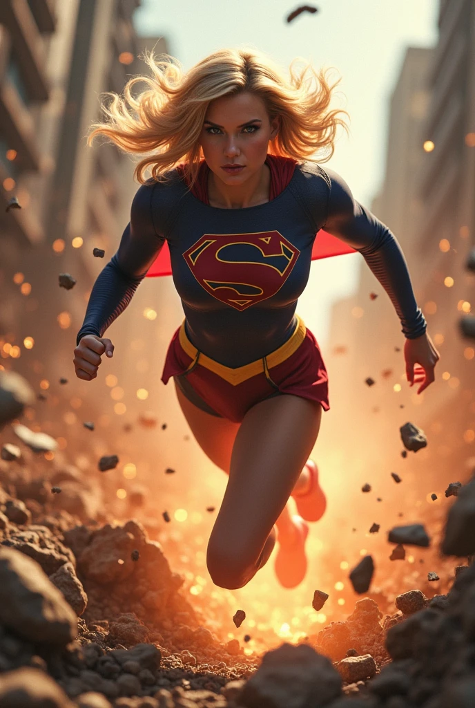 A SEXY BLONDE SUPERGIRL FREE FALLING, CRASHING INTO THE GROUND WITH TREMENDOUS FORCE, CREATING AS MASSIVE CRATOR.