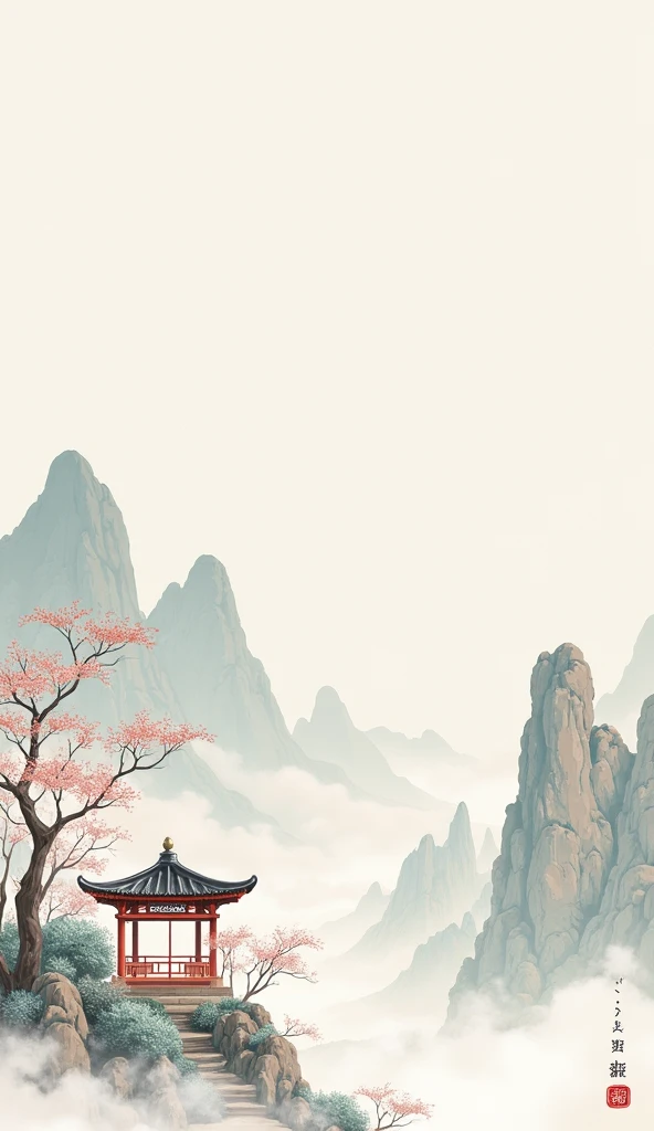 Chinese style，Mountain，cloud，pavilion，Ink Painting，Elegant，flower，Leave white space in the middle of the screen，poster design