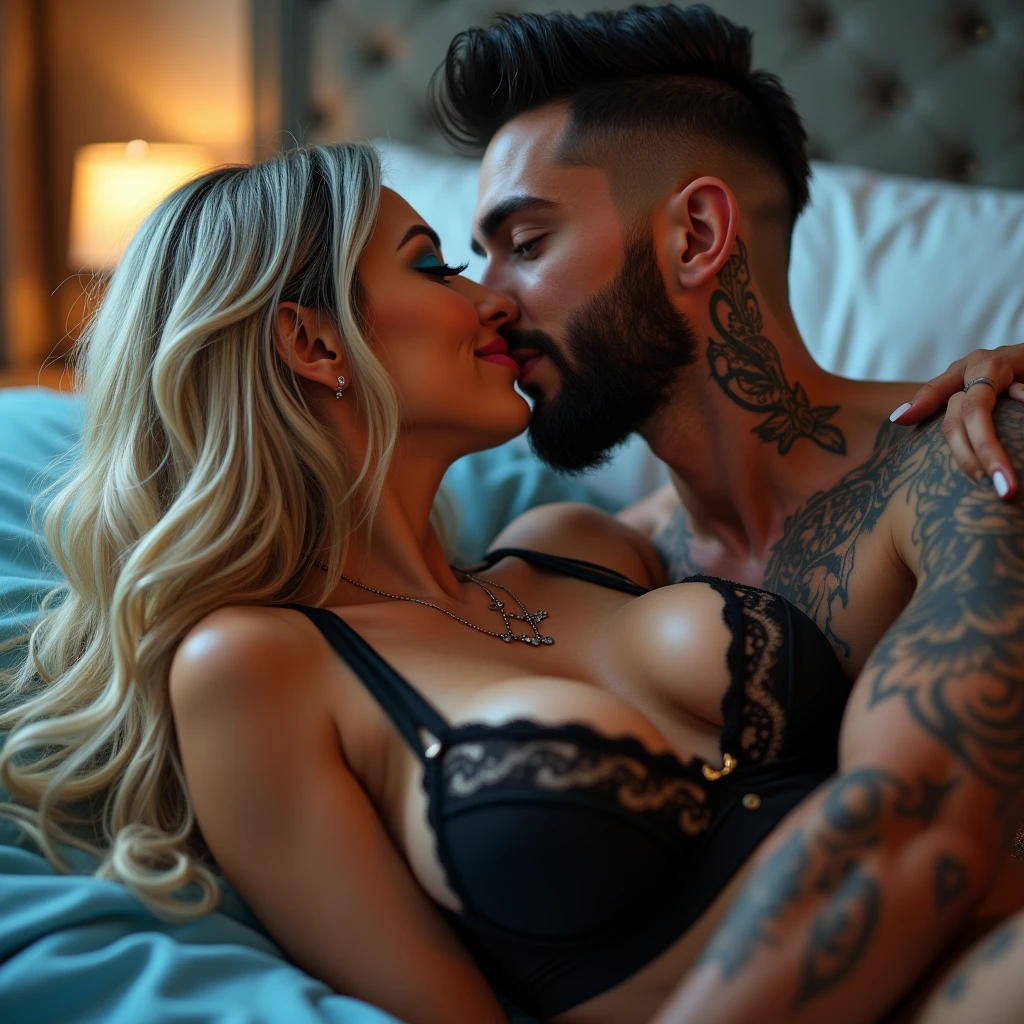 High resolution, multiple views, vivid, hd, zoomed out, a gorgeous smiling, Caucasian woman, long blonde hair with blue hair ends, blue eyes, beautiful makeup and contour, tattoos, “Elijah” tattoo on collarbone, big breasts, seductively making out on a bed, wearing lace lingere, kissing a handsome white man with jet black hair with skin fade, short black beard, tattoos, hickies on neck, blue eyes, athletic build, muscles, no pants, hand gripping her waist and throat