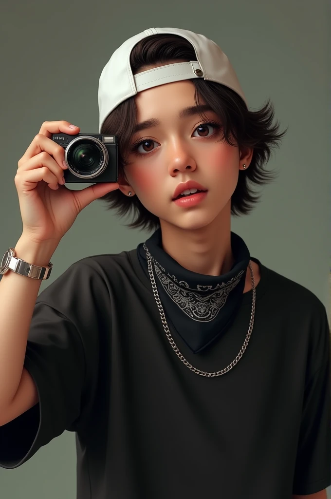 Realistic image of a young man taking a selfie, black shirt, chain necklace without pendant, all white backwards cap, black bandana around the throat.