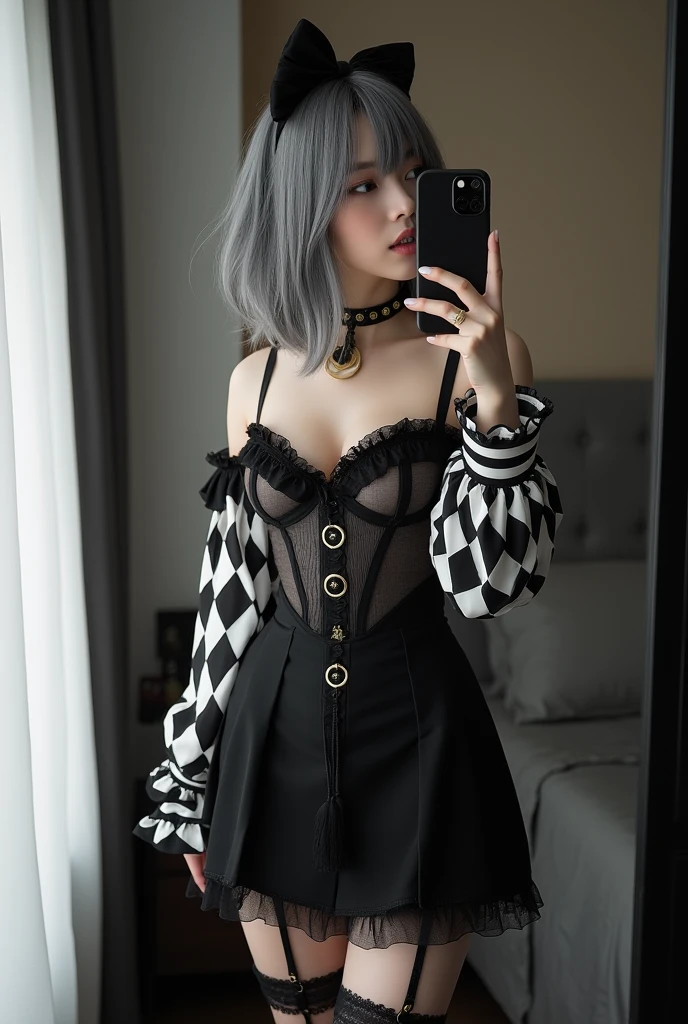 highly detailed, beautiful, hyper Realistic girl, masterpiece, best quality, Japanese sexy gravure Instagrammer, 28-years-old, identity hidden, all body shot, , takes a selfie in her room using a smartphone in front of a mirror with one hand, fashion model Posing, standing, looking away from the camera, /// gray arranged hair, light color eyes, Realistic skin, Detailed face, /// sexy Pierrot Costume, Opt for a fitted corset bodice with black and white diamond patterns, accentuating the waist, Layer with a ruffled, off-the-shoulder blouse in contrasting black and white hues, adorned with oversized bows for a whimsical touch, Pair with high-waisted black skirt, featuring exaggerated ruffles or pleats for added volume and drama, Accessorize with black and white striped stockings or tights, and patent leather ankle boots with oversized buckles for a modern twist on classic clown footwear, arranged gray hair, /// Monotone simple modern taste single room, mirror, complicated background