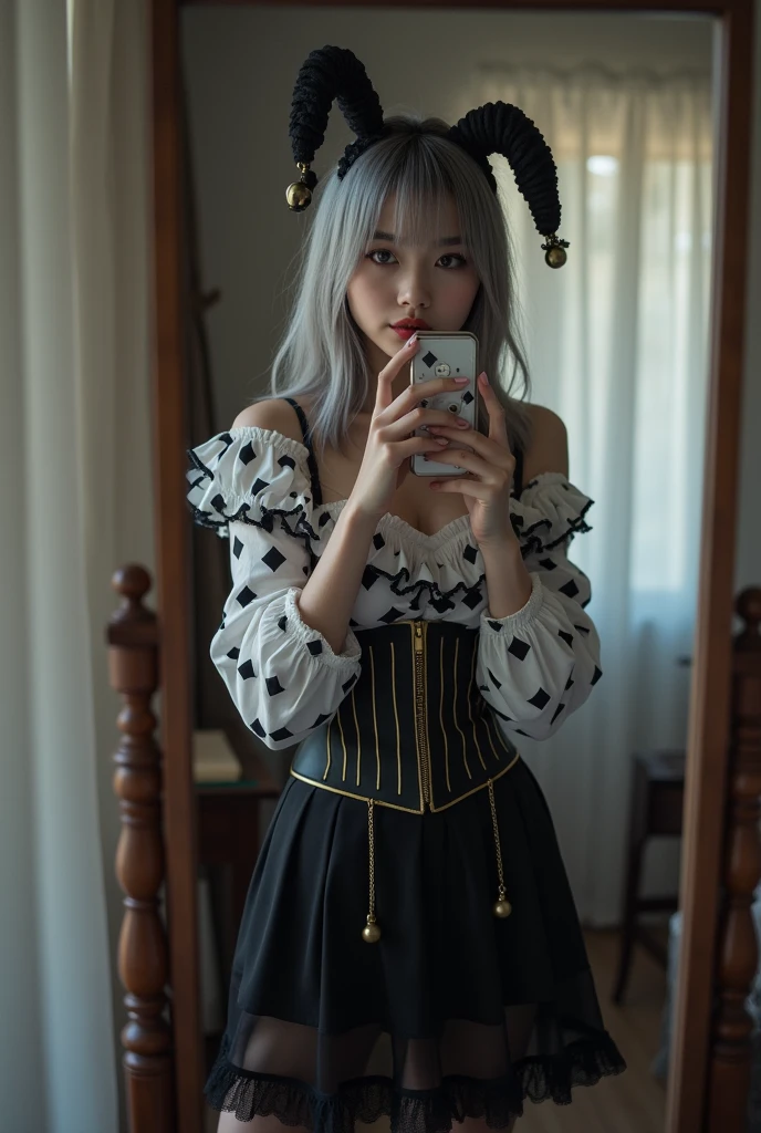 highly detailed, beautiful, hyper Realistic girl, masterpiece, best quality, Japanese sexy gravure Instagrammer, 28-years-old, identity hidden, all body shot, , takes a selfie in her room using a smartphone in front of a mirror with one hand, fashion model Posing, standing, looking away from the camera, /// gray arranged hair, light color eyes, Realistic skin, Detailed face, /// sexy Pierrot Costume, Opt for a fitted corset bodice with black and white diamond patterns, accentuating the waist, Layer with a ruffled, off-the-shoulder blouse in contrasting black and white hues, adorned with oversized bows for a whimsical touch, Pair with high-waisted black skirt, featuring exaggerated ruffles or pleats for added volume and drama, Accessorize with black and white striped stockings or tights, and patent leather ankle boots with oversized buckles for a modern twist on classic clown footwear, arranged gray hair, /// Monotone simple modern taste single room, mirror, complicated background