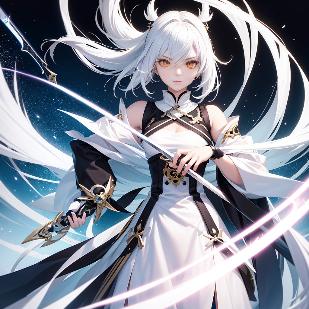 Dressed in white、Black anime girl with white hair, Yellow eyes, With sword, Genshin Impact Style