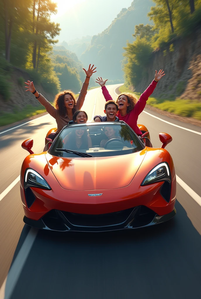 Take me a picture of some happy people in a sports car