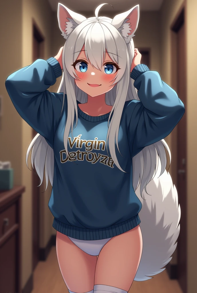 (1 girl:1.2), ((fluffy, antro, wolf girl, Wolf ears, wolf tail)), One, smile, I look at the viewer, hands behind your head, long hair, White hair, Blue eyes, (virgin_destroyer_sweater:1.5), side tit, lower chest, white panties, white knee socks, in room, corridor , realistic, Photo