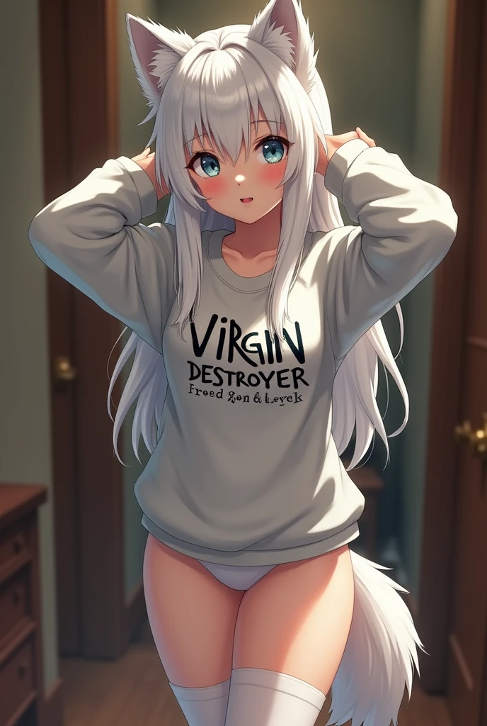 (1 girl:1.2),  ((fluffy, antro, wolf girl, Wolf ears, wolf tail)), One, smile, I look at the viewer, hands behind your head, long hair, White hair, Blue eyes, (virgin_destroyer_sweater:1.5), side tit, lower chest, white panties, white knee socks, in room, corridor , realistic, Photo