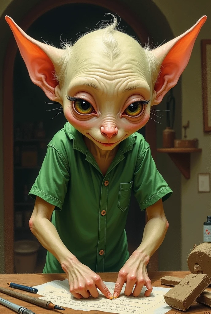 Drawing of Dobby working with a green shirt
