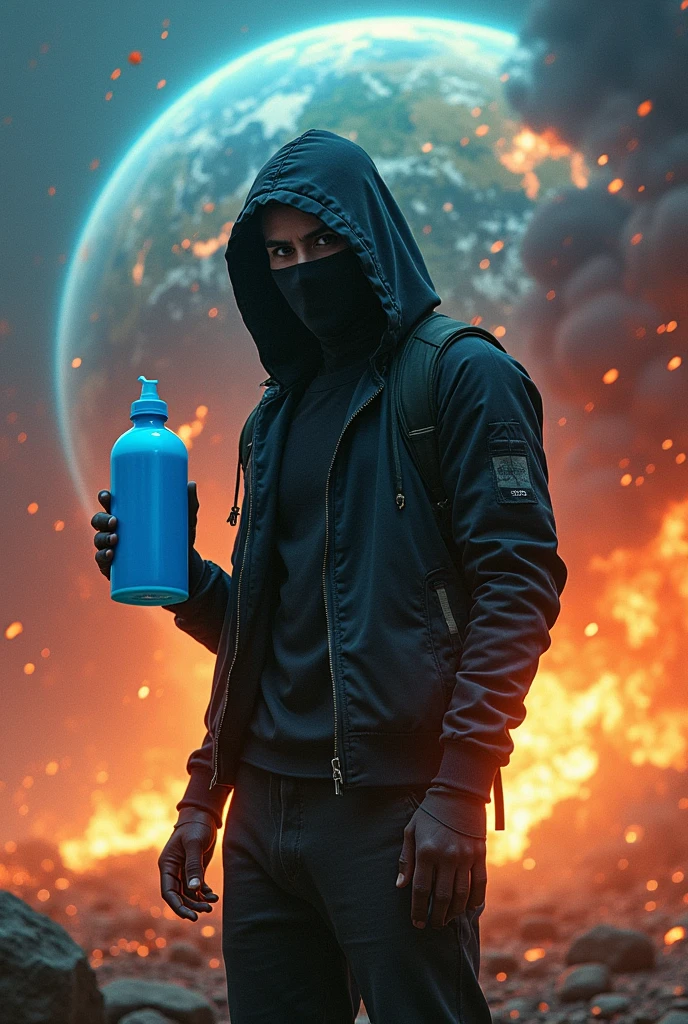 Hacker holding blue laundry detergent while the Earth is exploding.