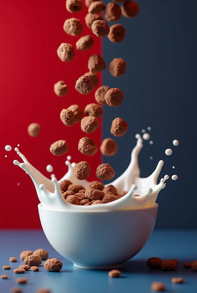 It shows a crunchy cereal of chocolate chips and milk falling into a bowl on a red and dark blue background:0.8