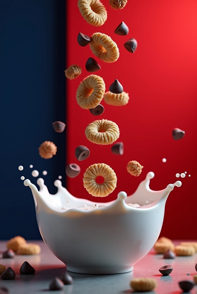 It shows a crunchy cereal of chocolate chips and milk falling into a bowl on a red and dark blue background:0.8