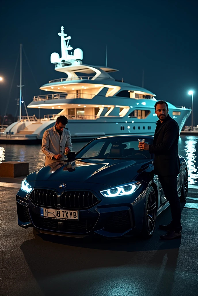 1. Location and Background:
   - The photo is taken at night, likely at a marina or luxury dock area.
   - In the background, there is a large yacht, brightly illuminated with modern, sleek lighting, creating a striking contrast with the night sky.
   - The yacht's lights give off a sophisticated ambiance, reflecting on the water and highlighting the luxurious setting.

2. The Car:
   - In the foreground, there's a sleek, black BMW sports car parked directly in front of the two men.
   - The car has a glossy finish, which reflects the lights from the surrounding area, adding to its polished appearance.
   - The car's front grille is prominently displayed, featuring the BMW logo in the center.
   - The license plate is visible and reads "8302," with a European-style design, suggesting a possible location in Europe.

3. The Men:
   - Man on the Left:
     - He is standing to the left of the car, wearing a loose-fitting, light yellow or beige long-sleeve shirt, which is casually buttoned up.
     - He pairs this with cropped beige or light tan pants that end just above his ankles.
     - On his feet, he wears white, low-cut sneakers, which match the casual yet stylish look.
     - His hair is medium length, slightly tousled, and he has a serious or neutral expression on his face.
     - In his right hand, he holds a glass bottle tilted downward, pouring liquid (possibly milk) onto the ground.

   - Man on the Right:
     - He is standing to the right of the car, dressed in an all-black outfit, consisting of a fitted black t-shirt and skinny black pants.
     - He is wearing black sneakers, completing the monochromatic look.
     - His hair is slightly shorter than the man on the left, styled neatly.
     - He has a more relaxed expression, perhaps with a hint of a smile.
     - In his right hand, he holds a metallic or glass cup, also tilted downward, pouring liquid (again, possibly milk) onto the ground.

4. The Ground:
   - The ground appears to be a smooth, paved su